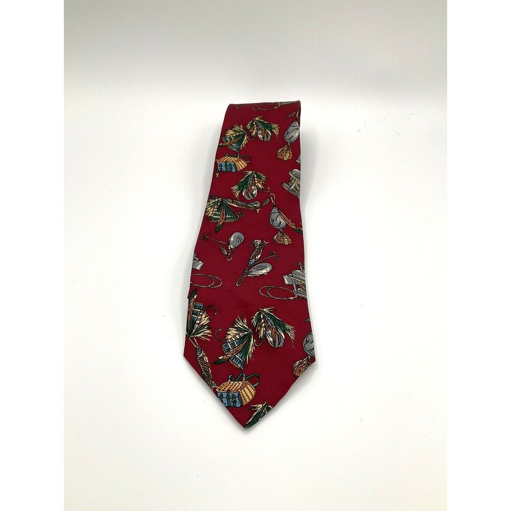 VTG Royal Knight Mens 100% Silk Fishing Lure Tie Red 90s Dad Outdoors 54 x 3